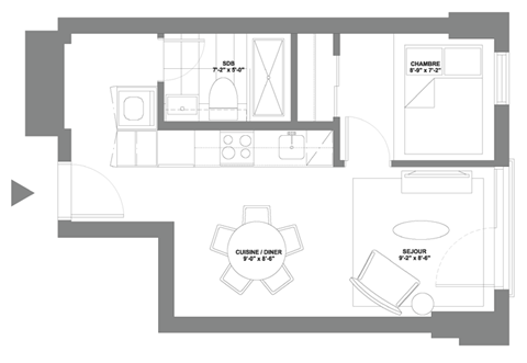 Floor plan for 1 bed, 1 bath, 400 sqft